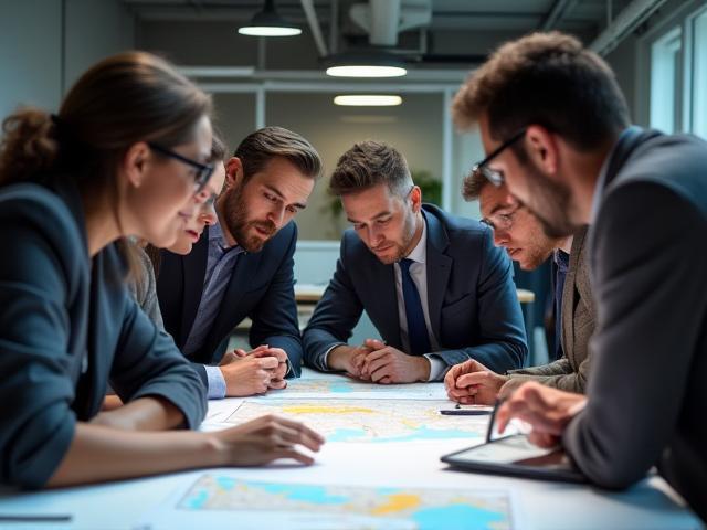 Team members discussing location details on a map