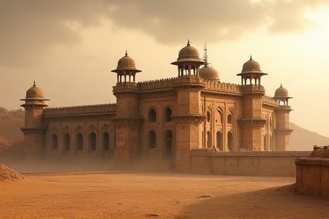 Historical fort in India under dramatic sky
