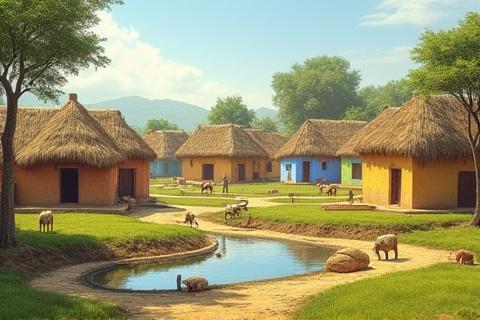 Rural village scene in India with traditional homes and people