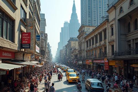 Urban cityscape in India with skyscrapers and bustling streets